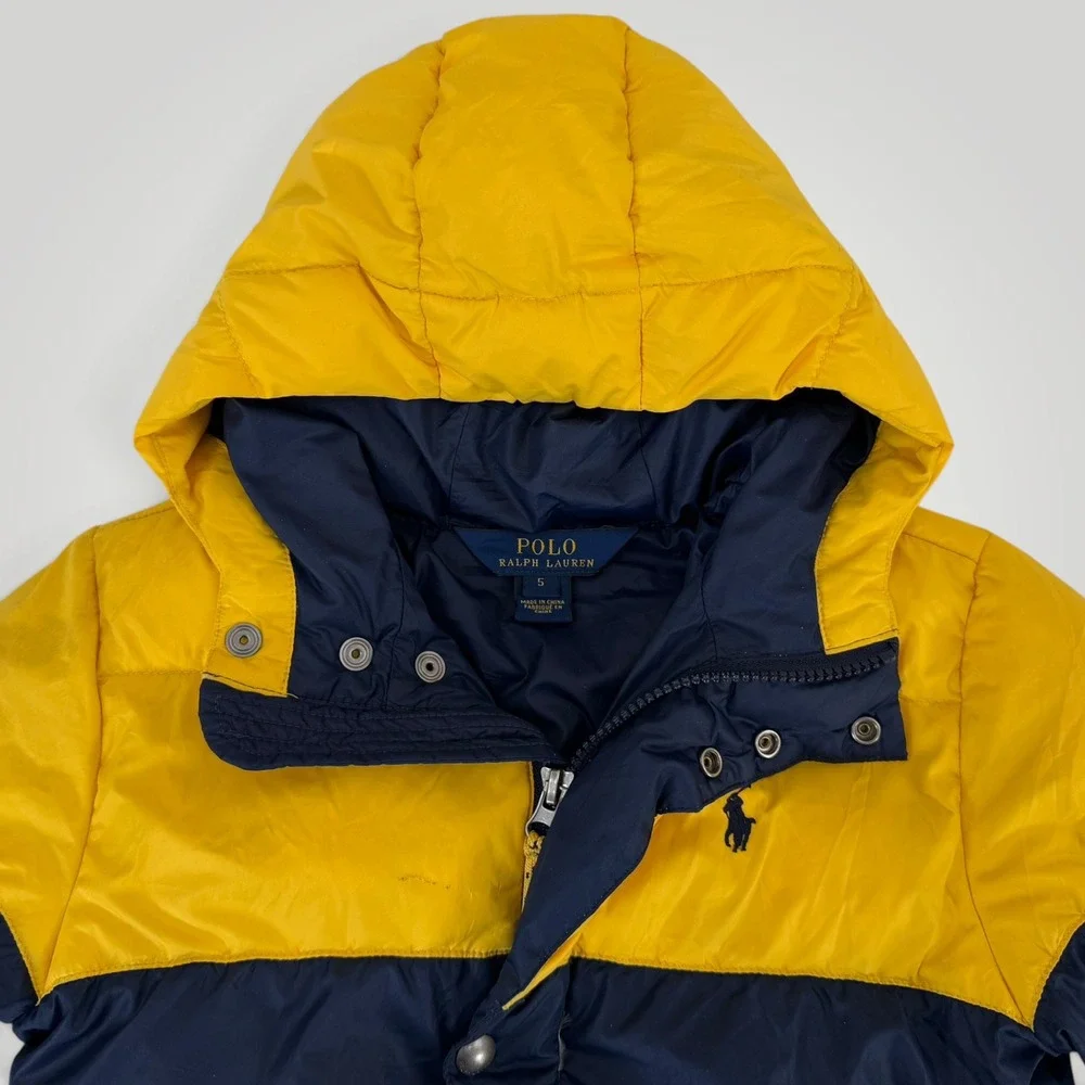 Polo Ralph Lauren Kids Navy Yellow Colorblock Down Puffer Jacket Size 5